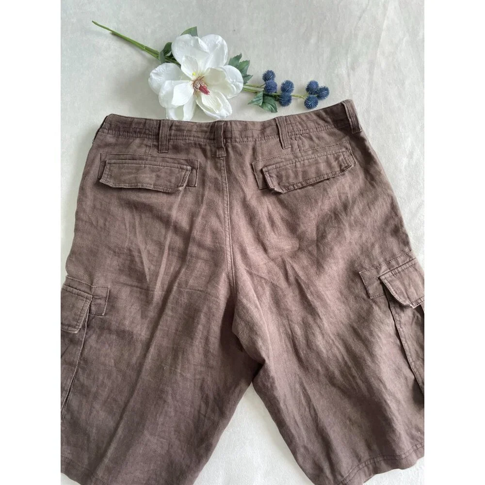 Old Navy Brown 100% Linen Mens Cargo Pocket Shorts Comfortable Casual Preppy 36